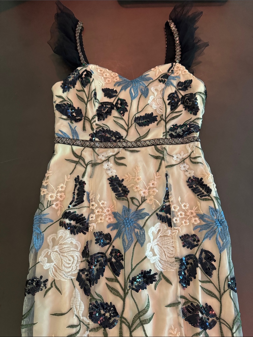 Lulu's Ivory Embroidered Floral Midi Dress with Navy and Blue Accents